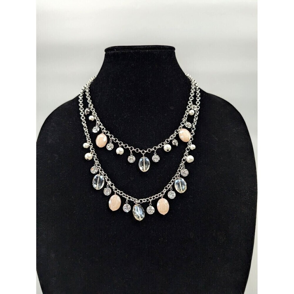 Layered Necklace Pink Faux Pearl Silver Tone Gypsy Whimsy Boho Chic Coachella